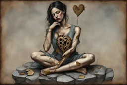 A sad and broken beautiful young woman is sitting on a stone holding a broken metal heart in her hands; perfect anatomically correct hands, perfect anatomically correct feet, mixed media collage, textured, layered, assemblage, inspired by Brian Viveros and Esao Andrews, elements of kintsugi on the edges of the heart with a gold and oxidized copper patina, backdrop of tumbleweeds and cacti interspersed with delicate flowers and subtle bokeh effects, the entire composition exuding an aura of grief