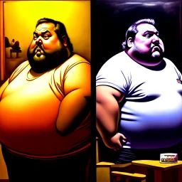 (fineart:1.5, masterpiece1.5) (realism:1.5) award winning picture of award winning fat, beardedd, 'fat man' (watching tv:1.8),, two panels, 50 percent is taken from the pov of the tv, the other 50 pefect is from the point of view of 'fat man', his vision streaks of blue from the tv shining in his eyes, breaking news is on tv