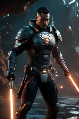 cyberpunk warrior white man, 38 years old, short hair, running a marathon, black superman shirt, 8k render cyberpunk colors,Ultra level Photorealistic, Within the mystical aura of a forgotten cave, The light plays upon his armored suit, revealing intricate details and the battle-worn marks of his crusade. As he gazes ahead, his eyes seem to hold the secrets of both the mortal world and the mystical realm,