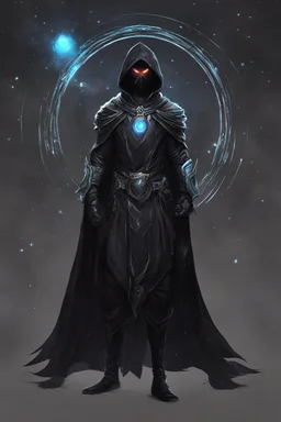 character design, concept art, god of black hole, space void black hole god entity, black void body, glowing eyes, cape of stars, black hole character design