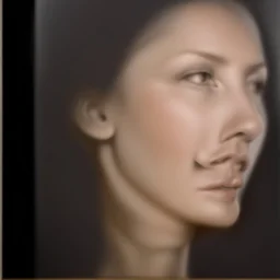 dibujo en grafito hiper realista de rostro mujer 35 años pelo cola caballo labios definidos, de frente tres cuartos perfil