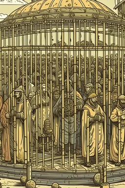 Monster locked in the cage, people wearing 1700 clothes looking at it, rich people