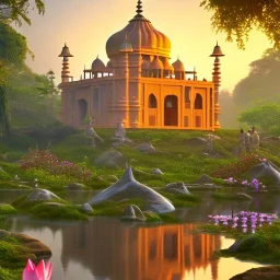 indian temple at sunrise in the jungle with lotus flowers, perfect composition, hyperrealistic, super detailed, 8k, high quality, intricate details, highly detailed