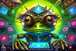 scifi wifi fantasy futurism. visually tells the story of interplanetary cognitive espionage & global mental surveillance. bejeweled royal psychic mutant humanoid anthropomorphic frog combination of abstract & phot realistic. painterly yet with the distinction & precision of a vintage popular mechanics pictorial