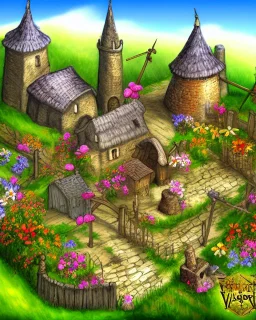 medieval fantasy village with flowers rpg art