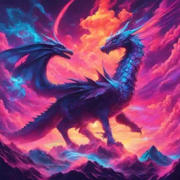 Dragon in a vibrant synthwave dreamscape, neon chaos swirling energetically around pixelated forms, a dynamic fusion of retro gaming nostalgia and futuristic abstraction