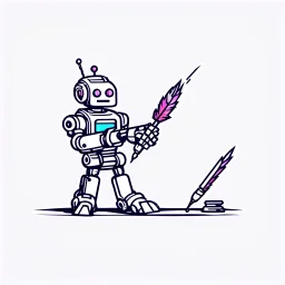 Minimalist cyberpunk logo, cute robot holding a Quill ,minimalist, vector, T shirt design, Solarpunk, continuous, sticker, isolated white background --ar 16:9 --no mockup, shadow, text