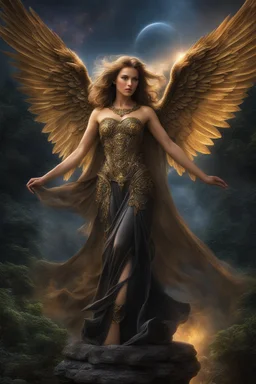 Dark angel , detailed full-color, hd photography, fantasy by john stephens, galen rowell, david muench, james mccarthy, hirō isono, magical, detailed, gloss, hyperrealism, beautiful, radiant, colorful, golden hour, serene, cosmic, vapor, mysterious, ethereal, vibrant, flickering light black