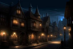 medieval inn, fantasy tow, distant view from streets, sign, night