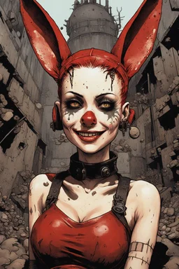 Closeup Tank girl smiling, lying pose, rabbit mask, red and black short hair, latex suit, ragged clothes, fullbody, dieselpunk, valves and old city behind, the perspective looking up from the bottom of an empty well , guts rising from the ground, papercut illustration by <John Kenn Mortensen>, darkred tones,