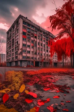 Abandoned districts building in a covers with dead leaves and trees big City, red clouds in the sky with huge amount of dead children laying on the ground