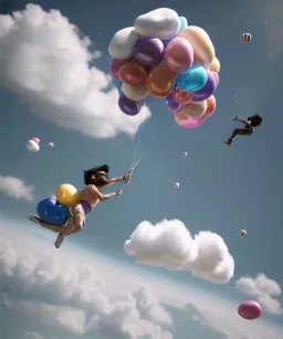 Ultra realistic speed clouds sky scene, wide angle view, strong men falling down with many Childs, circus clothing style, feather color clothing, free jumping flying, many trinkets, hair monster, many jelly beans, balls, color smoke, smile, happy, extreme, wind, clouds sea, 20,000 feet altitude, stratosphere, soft color, highly detailed, unreal engine 5, ray tracing, RTX, lumen lighting, ultra detail, volumetric lighting, 3d, finely drawn, high definition, high resolution.