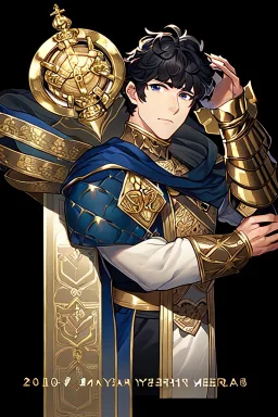 A handsome 30 year old male knight, black hair, dark blue eyes, wavy haircut, in black-and-gold plate armor, no beard, european, portrait