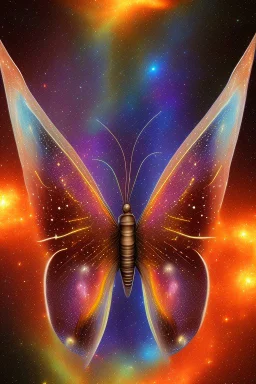 A luminous brown butterfly in a galaxy in space