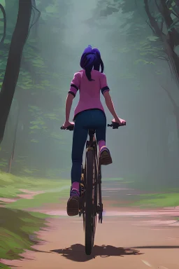 a young girl in blue jeans and a pink shirt riding a bicycle on a dirt path in the forest at midday