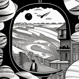 a alone man. pen and ink, birds eye view, illustrated by hergé, Background space and earth