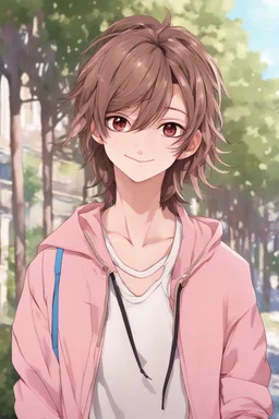 close up headshot portrait of beautiful 18-year-old man who looks like a girl, femboy, feminine, male, brown hair, red eyes, pretty body, perfect face, Wadim Kashin, James Gurney, amazing beauty, college campus background, has pink accents on clothes, anime style, 8k resolution, high definition