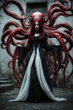 blood, goth woman, leaning pose, full body, squid, octopus creepy, horrifying, sinister, 8k, macro photography,