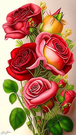 Valentines day flowers, art, drawing, very realistic, detailed, vibrant colors.