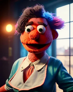 Pub, hybrid character, waitress woman with monster muppet mask that covers her entire head, retro style, Sesame Street style, smooth, unreal engine 5, god lights, ray tracing, RTX, lumen lighting, ultra detail, volumetric lighting, 3d.