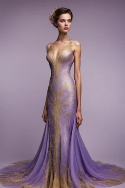 Stunning utopian gown with lavender and gold. Hyper realistic standing model