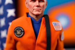 Mike pence G.i. Joe toy doll space force uniform inside a blister package hanging on A rack in toystore, fluorescent orange, wide angle shot whole body, black moonboots,