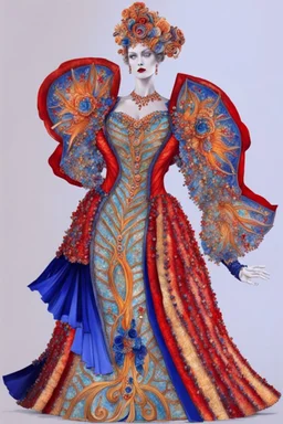 A flamboyant opera dress by artist "Luminous Lapislazuli",by artist "Vibrant Velvet"