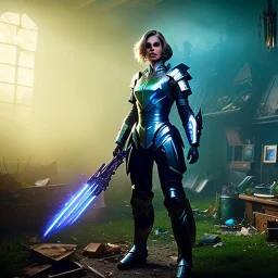 dark and gloomy full body 8k unity render, female teen cyborg, Blue yonder hair, wearing broken battle armor, at cluttered and messy shack , action shot, tattered torn shirt, porcelain cracked skin, skin pores, detailed intricate iris, very dark lighting, heavy shadows, detailed, detailed face, (vibrant, photo realistic, realistic, dramatic, dark, sharp focus, 8k)