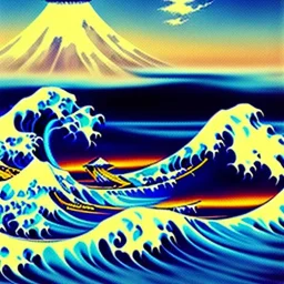 The great wave of kanagawa painted with clouds of colours,ystical colors ,perfectly centered image, perfect composition, rim light, beautiful lighting,masterpiece ,8k, stunning scene, raytracing, anatomically correct, in the style of Simon Bisley and Ohrai Noriyoshi and robert e howard and Steve Jung and Wizyakuza and uncannyknack