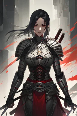 A female samurai warrior she have dark hair and she is in futuristic sliver and red echo skeleton armor on and her army of futuristic samurais are ready for war