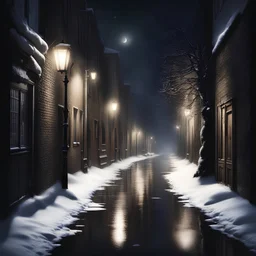 Christmas night A dark alley yalda night, hidden shadows, a street light, puddle of snow