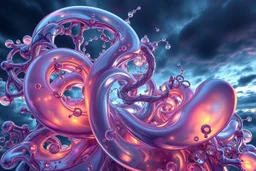 Dynamic complex hypnotic fractal 3D structures twisting and morphing between organic and geometric forms with Symmetry, smooth translucent iridescent glass with inner glow and bubbles, varied transparent materials, stormy skies, intense dramatic