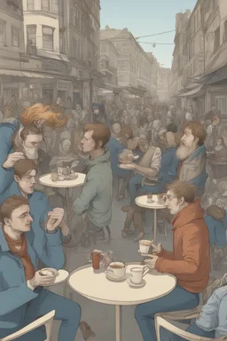 Humans appearing as beasts in a cafe street scene