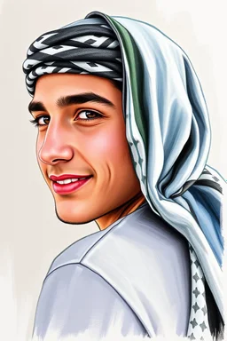 Palestinian young man wearing a keffiyeh, his face is beautiful, he turns his face to the right, he has a slight smile, his mouth is closed and his teeth are not visible, his eyes are looking to the left, he looks drawn with oil colors