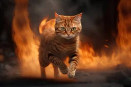 An orange cat with white legs, made of lava, emerges running between fires and smoke, close-up image with many details and high quality