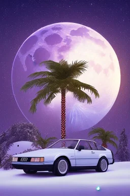 1980's aesthetic vaporwave palm trees with lighting with moon with audi in the winter snow