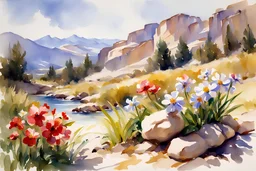 Sunny day, rocks, flowers, spring, mountains, epic, john singer sargent watercolor paintings