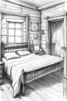 I want a pencil sketch of different views of a rustic style bedroom