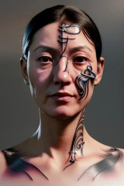 Ultra Realistic image, 38 years old madrid woman, portrait, small complexion, natural small busty, traditional Japanese body tattoo, jakuza style, put traditional Japanese mask, vibrant color, highly detailed, art stations, concept art, smooth, unreal engine 5, god rays, ray tracing, RTX, lumen lighting, ultra detail, volumetric lighting.