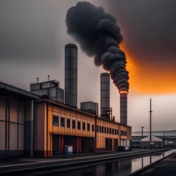 a photograph of a factory polluting the environment from the outside, colored in medium grey, cloudy, daytime