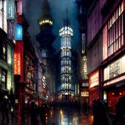 Carnaby street , gothic Metropolis, gothic kabukicho, Gotham city, victorian dark Metropolis,book illustration by Jean Baptiste Monge,Jeremy Mann, Details building cross section, strong lines, high contrast vibrant colors, highly detailed, , exterior illustration