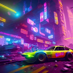 photo quality, unreal engine render, highest quality, stop-motion animation, vivid neon colors, volumetric lighting, cyberpunk 2077, classic car junkyard, deep colors in a dark setting background, post-apocalyptic,