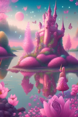 bellissimo largo panorama fatato rosa chiaro, con con fata, unicorno, gnomi fiori , castello fatato, con sfondo di fiori e piante, fiume