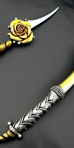 A long silver and Gold spear weapon with a rose at the handle and thorns up the poll, realistic, fantasy,