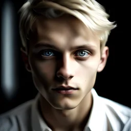 handsome young man, twenty years old, white blond (NOT grey) shiny short hair, a little hair covering his forehead, crazy blue eyes, wearing white dress shirt, close up portrait, head facing a little to the side, strong features, less angular face, beautiful face, little five o clock shadow