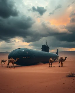 A nuclear submarine left in the desert with sands camels and stormy clouds ,