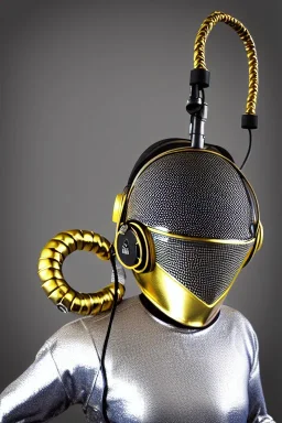 Metallic Cyber-punk style man with a web-camera-mask and old AKG-style headphones with golden rings. Fencing mask covers man's cheeks. Good body shape. Reflective plastic. Body and head full of integrated old-fashioned cameras. Ancient silver telephone attached. perfect body. Euclidean 3D-tiling, Escher tiling, background. Cables from shoulder, connect. Daft Punk, Matrix movie black leather jacket, tippet. Yellow latex areas in black leather surfaces body. 1990's. Porsche-Trypophobia