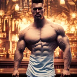 large muscular man wearing a white shirt, puffed out blonde hair, standing in a bar, illumination, brilliant coloring, smooth, sharp focus, crispy quality, vray; Artstation; HD, HDR, SF, CGSociety, 16k, photorealistic, unreal engine