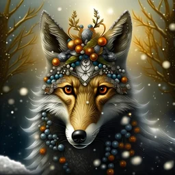 Masterpiece 3D render digital art photostudio quality Just a sprinkle of magic dust, a sprig of berries over a beautiful fox with a bushy tail, backdrop forest winter landscape, insanely beautiful face , silver and gold snow swirl in background, pearls and beads and gold lines