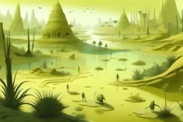 A light yellowish green swamp with bugs in daylight designed in ancient Egyptian hieroglyphics painted by Zhang Lu